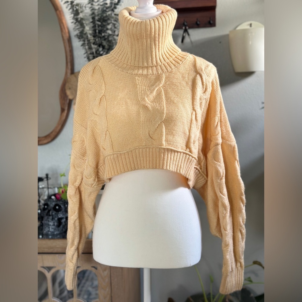 Out From Under Yellow Cropped Cable Knit Turtleneck Sweater – S
